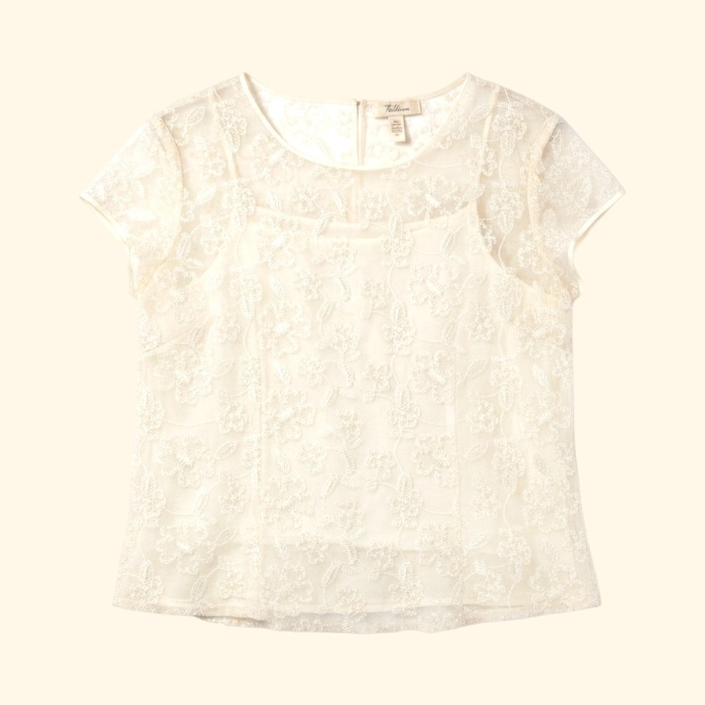 Vintage Talbots Embroidered Silk Lace Blouse 10 Cream Floral Coquette Bridal